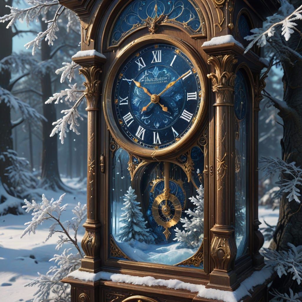 Frozen Forest Landscape in a Glowing Grandfather Clock