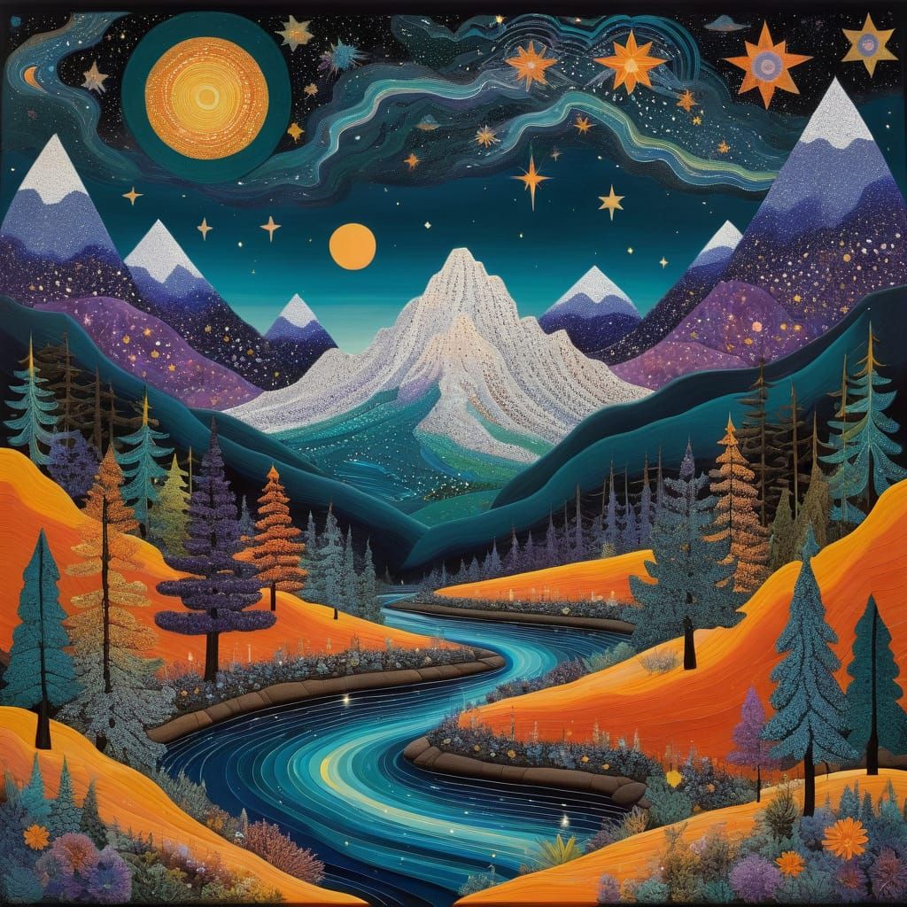 Whimsical Mountain Forest River Landscape