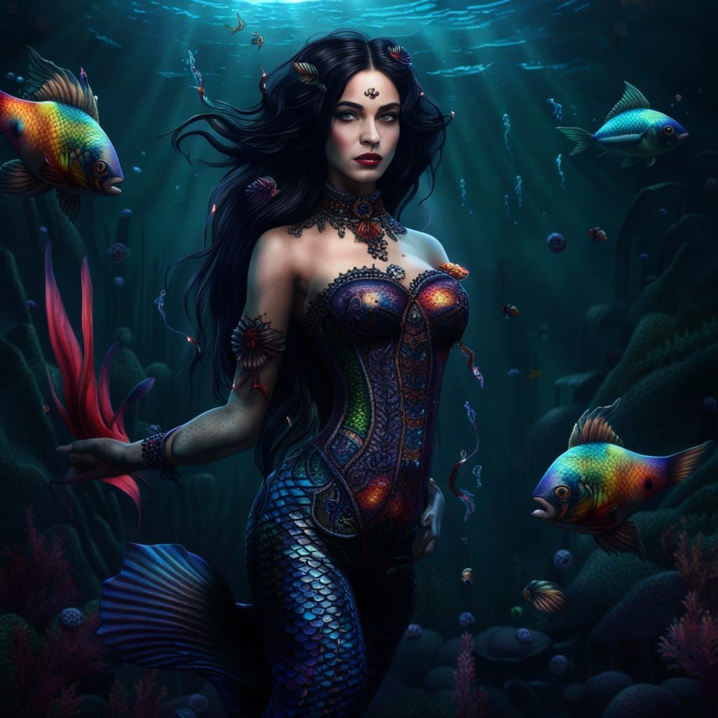 Gothic Mermaid with Colorful Fish, Fantasy Art