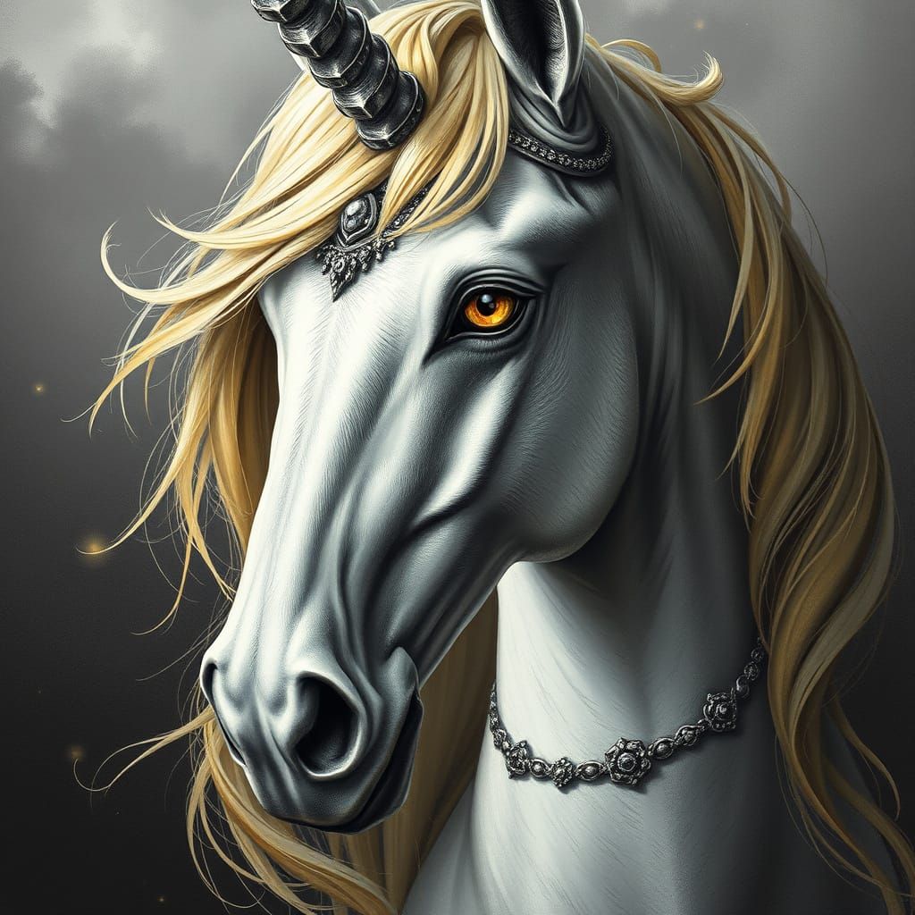 Medieval Fantasy Unicorn in Charcoal and Silver Point Techni...