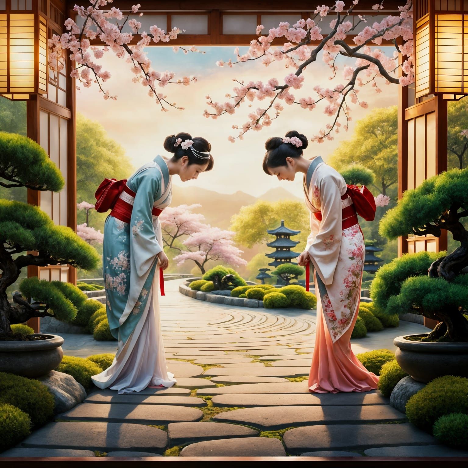 Traditional Japanese Women Bow in Serene Garden