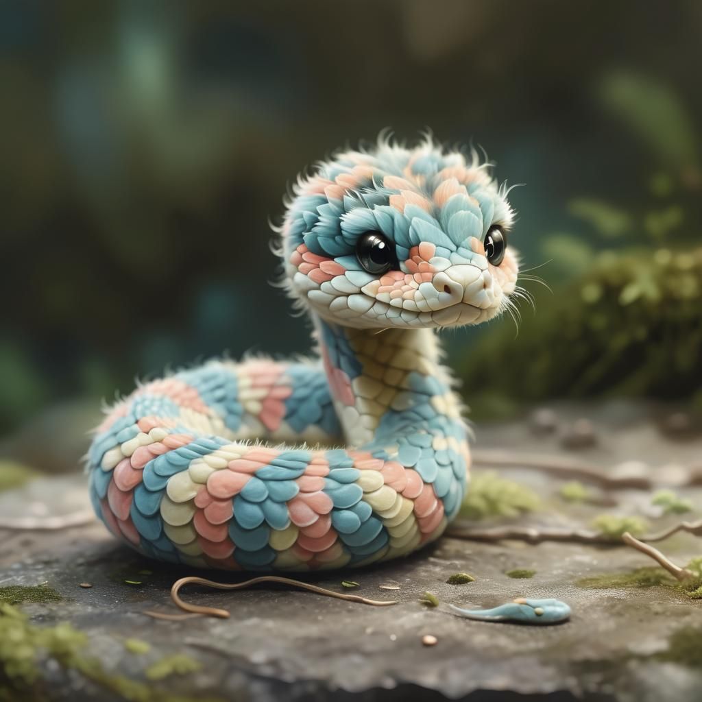 Adorable Furry Snake on Mossy Rock, Digital Art