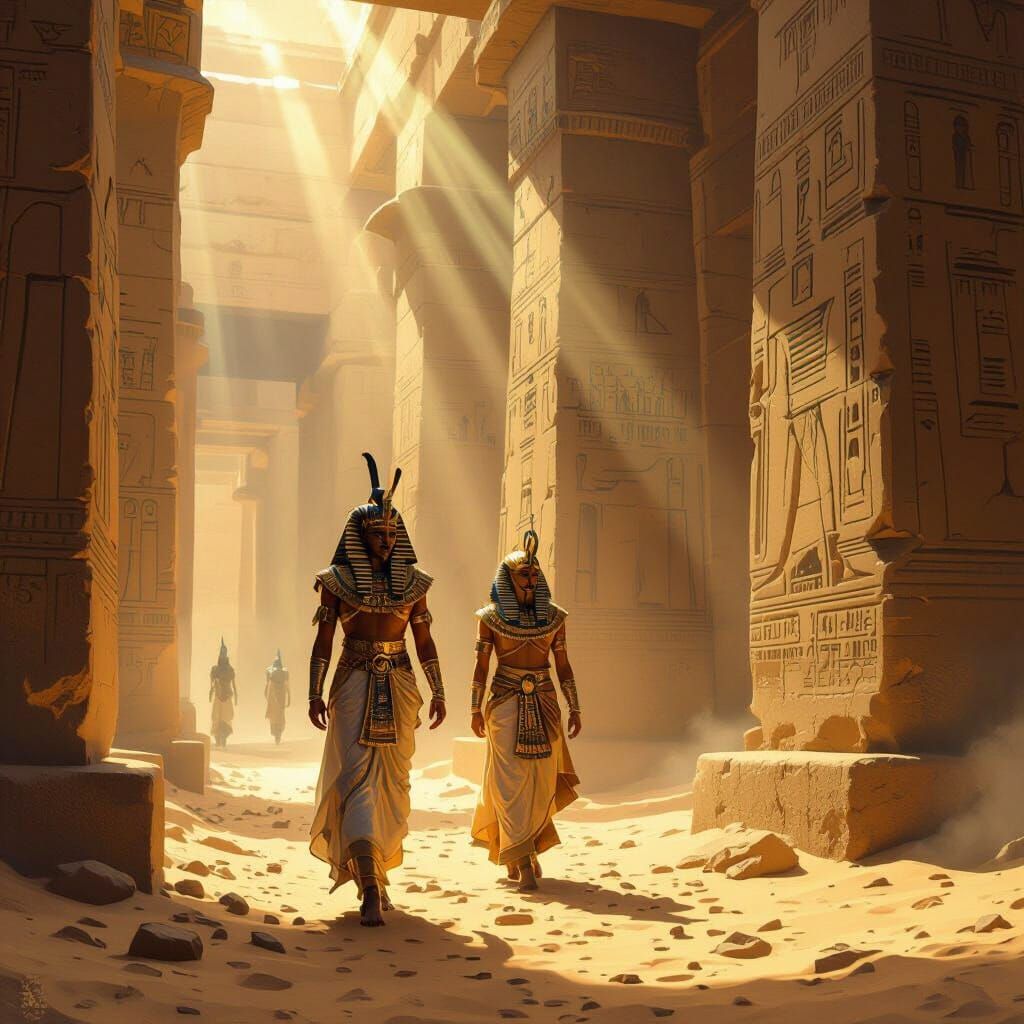 Pharaoh in Golden Regalia in Ancient Egyptian Temple