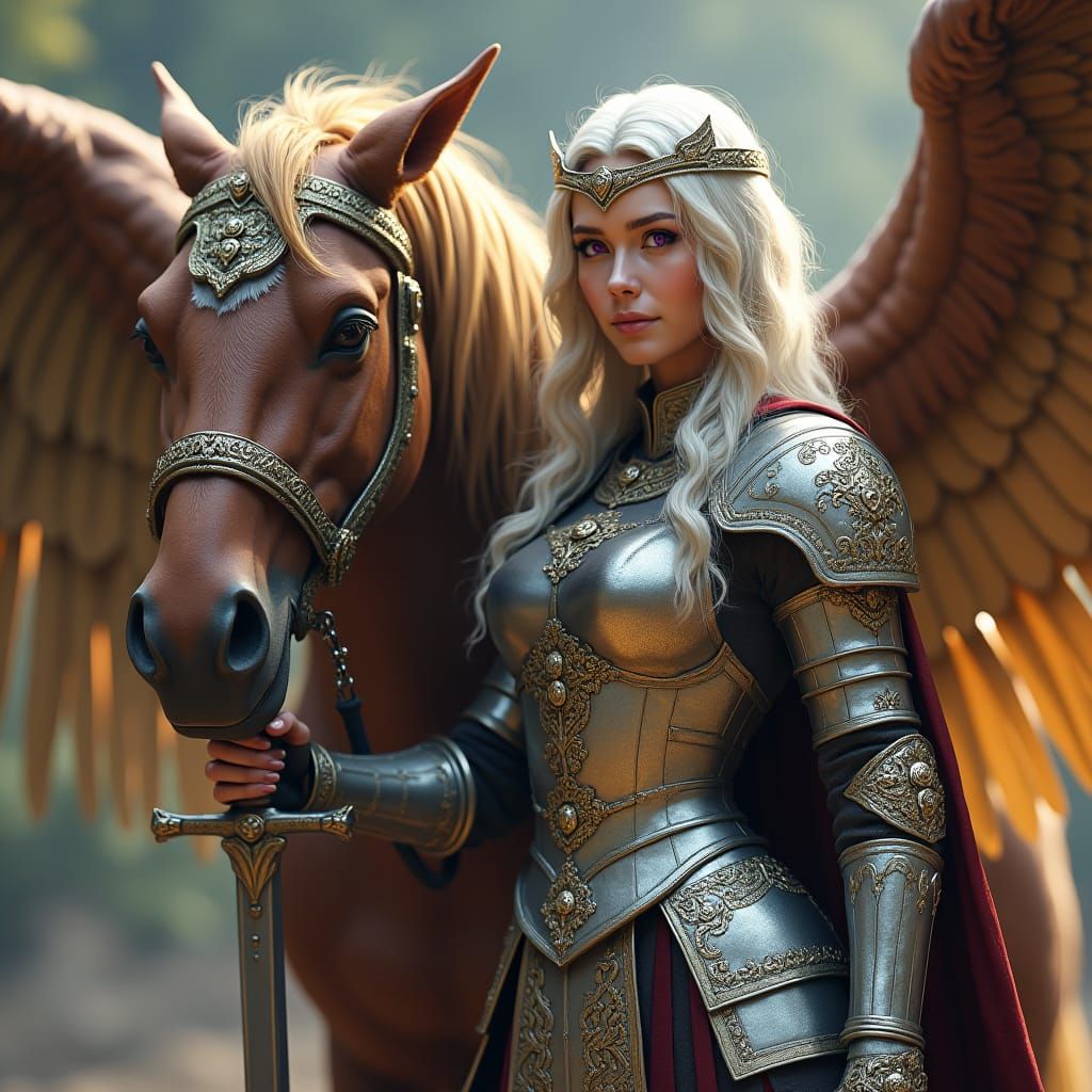 Regal Warrior Woman with Majestic Winged Horse in Medieval S...
