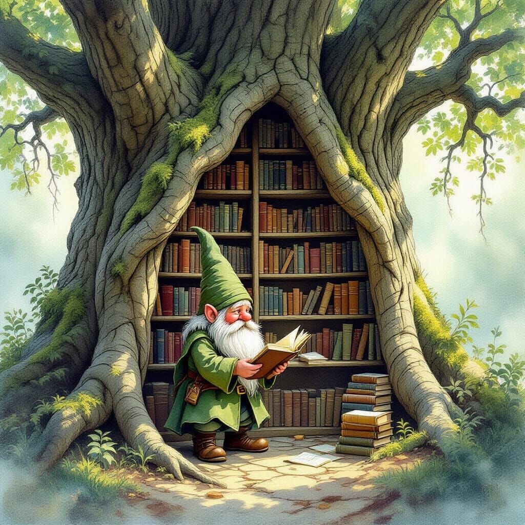 Gnome Tends Secret Library in Ancient Tree Roots