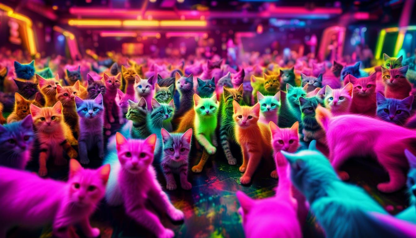 Kitten Rave Party in Neon, Hyperrealistic Photograph