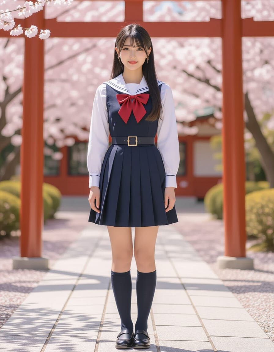 Japanese Schoolgirl at Shrine with Cherry Blossoms