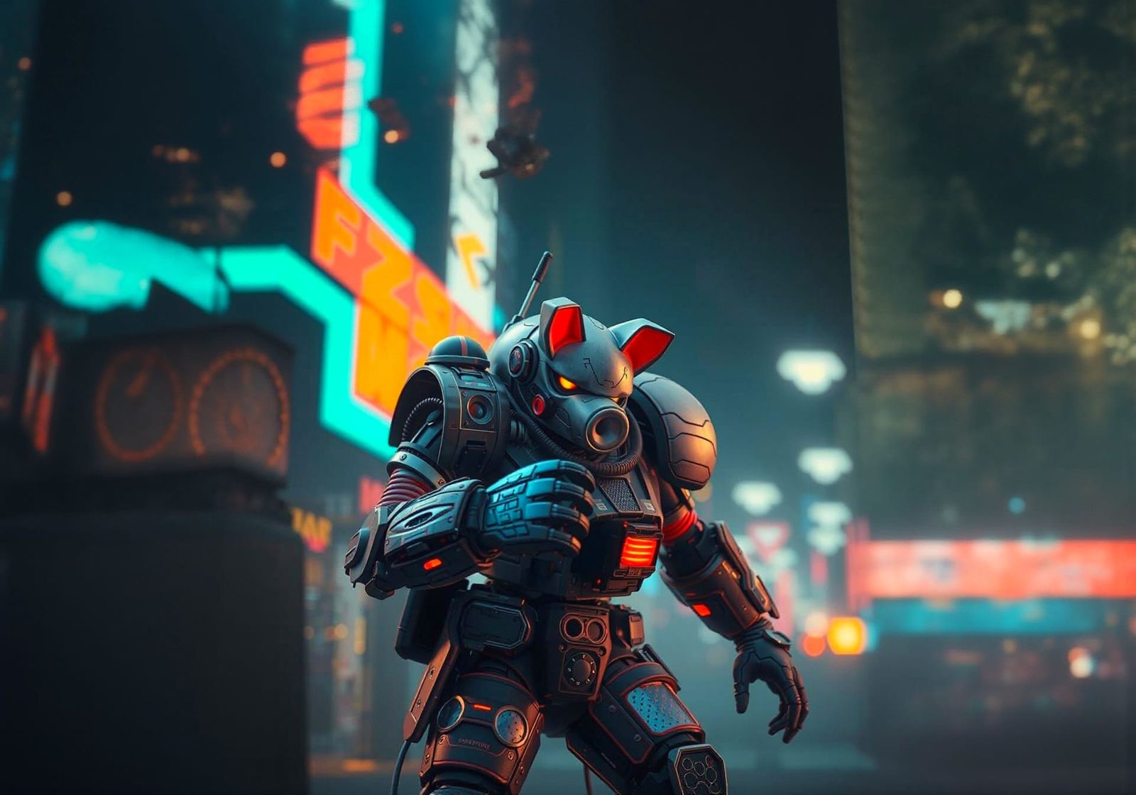 Robotic Pig-Man in Futuristic Cityscape