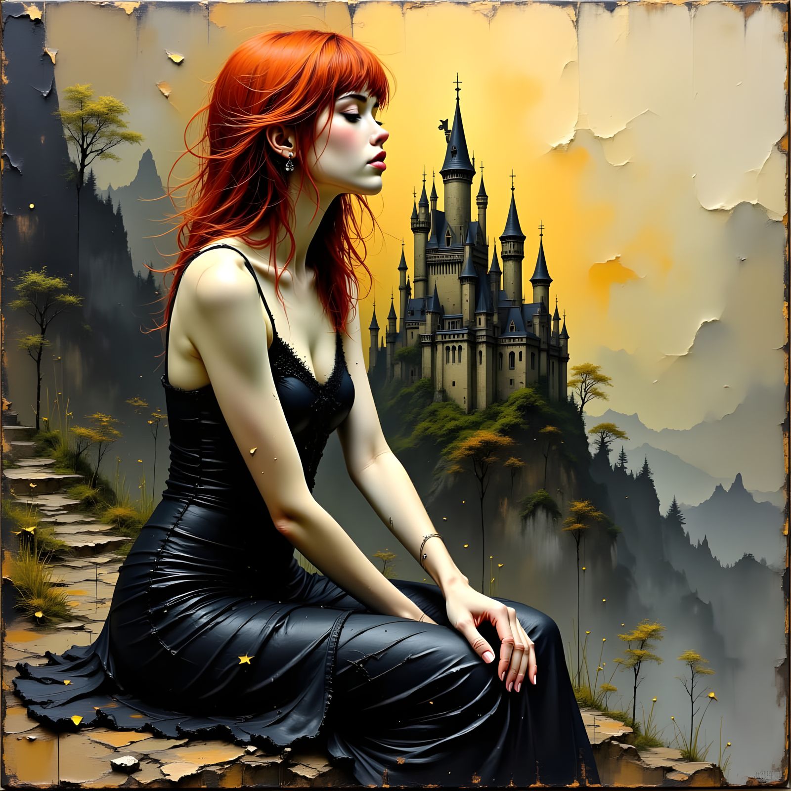 Melancholic Redhead in Gothic Castle: Impasto Oil Painting