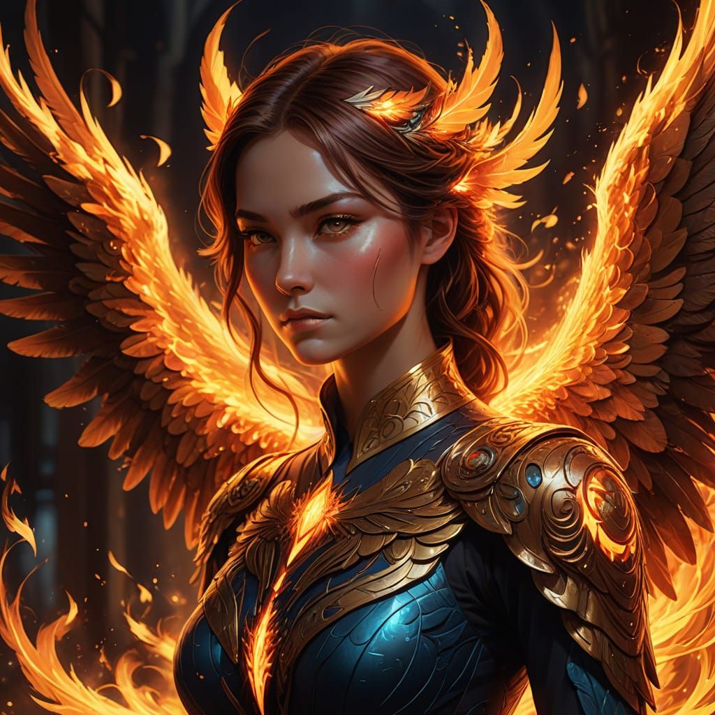 Phoenix Humanoid with Fiery Wings and Amethyst Adornments