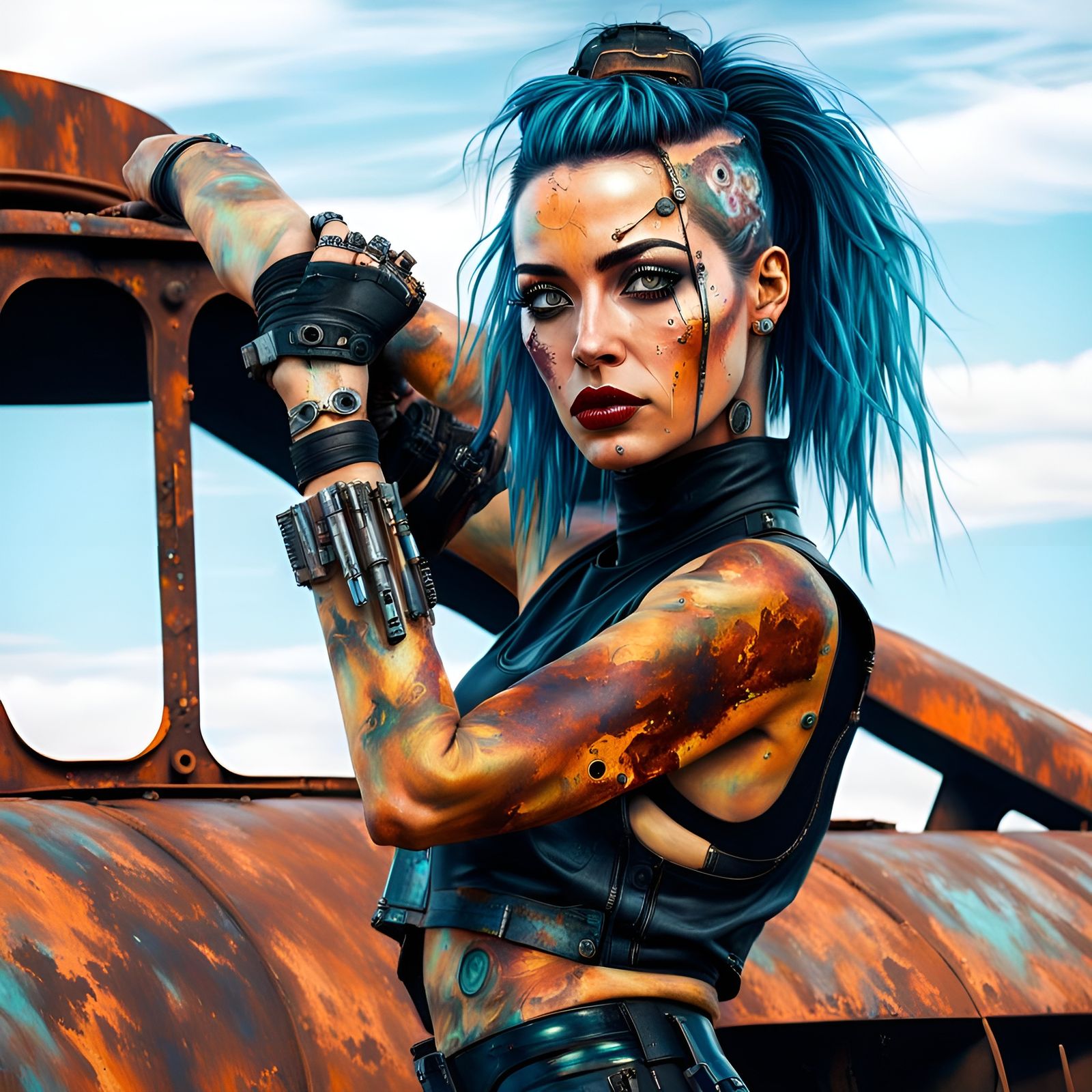 Cyberpunk Girl on Tank: Hyperrealistic Oil Painting