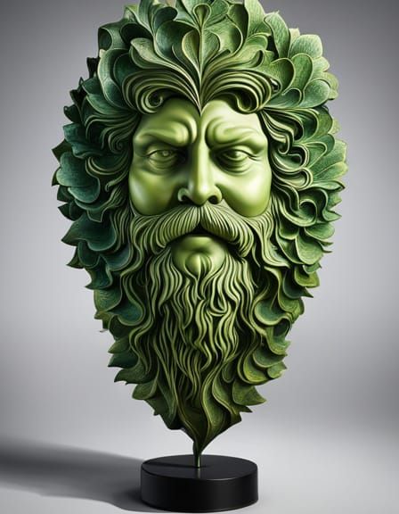Ornate 3D Sculpture: Green Man with Cat Face