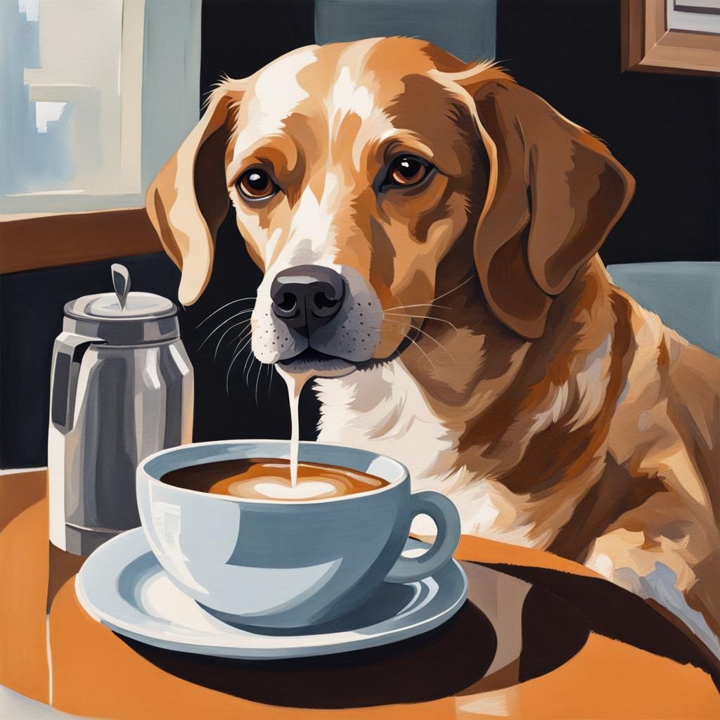 Dog Drinking Coffee: Gouache Detailed Painting