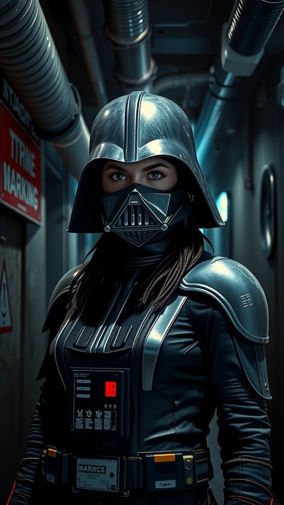 Concept art. Woman in Darth Vader costume stands confidently in a dimly lit, industrial hallway. Inspired by Star Wars c...