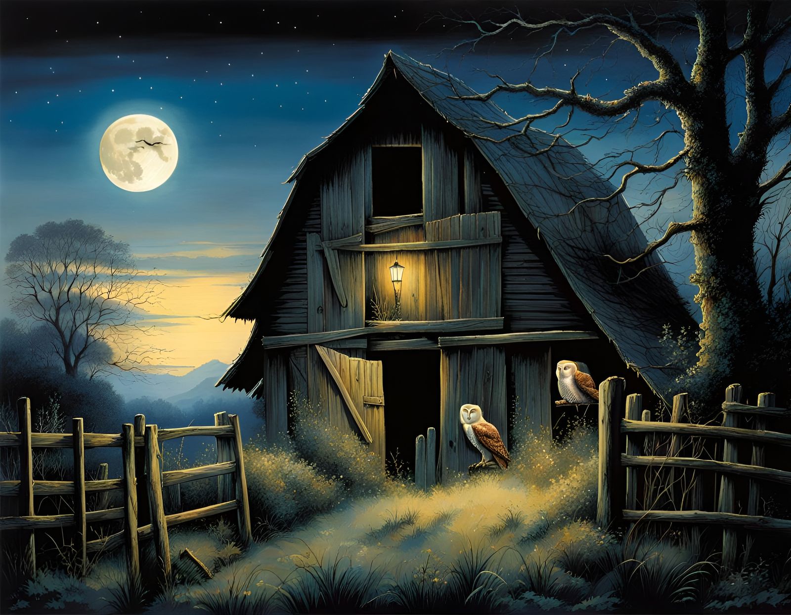 Barn Owl at Night in Moonlight Silhouettes