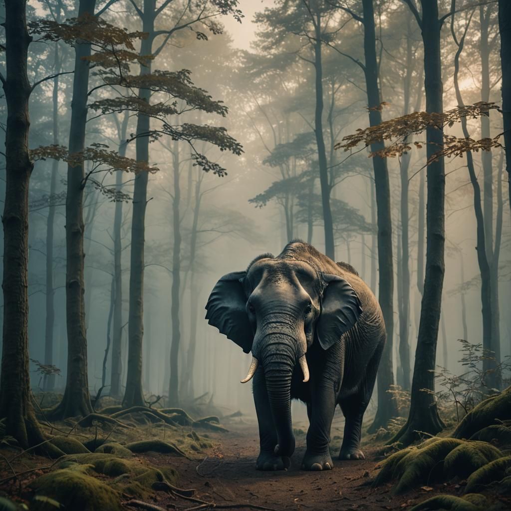 Epic Dragon-Elephant Creature in Misty Forest