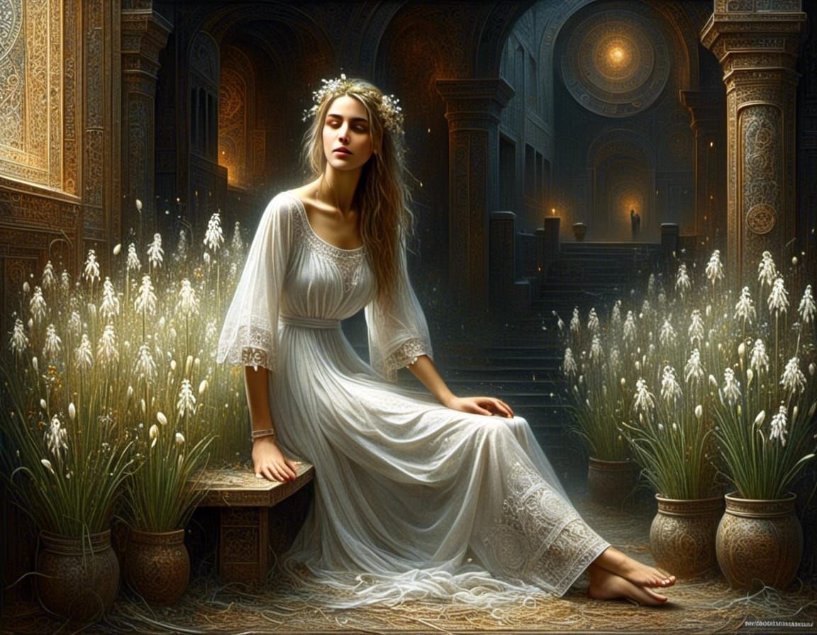 Hungarian girl with potted asphodel flowers