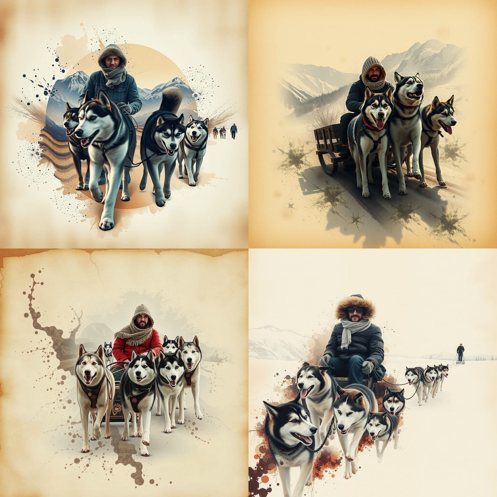 Dog Sledding Double Exposure in Classic Art Style