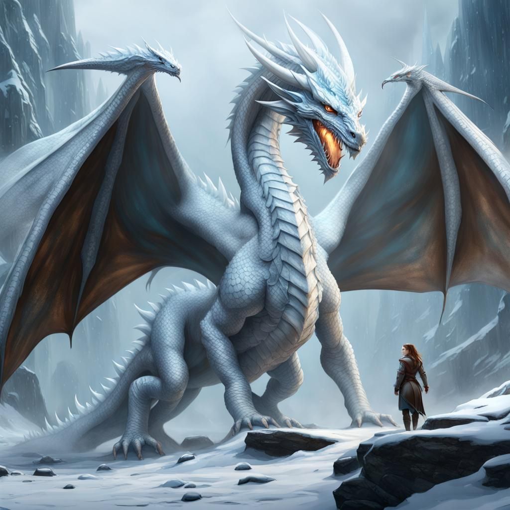 Icy White Dragon and Girl: Dark Fantasy Art