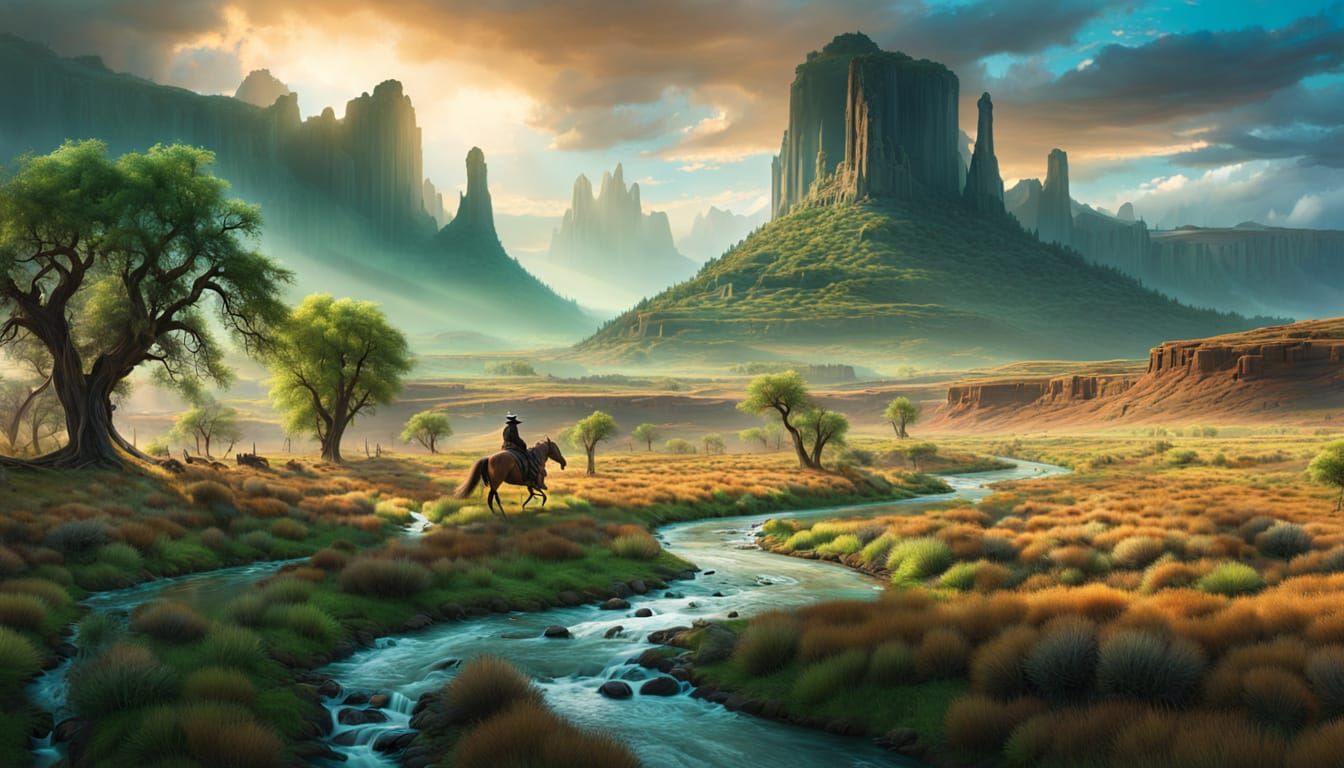 Lone Cowboy Rides Through Ethereal Landscape in Digital Matt...