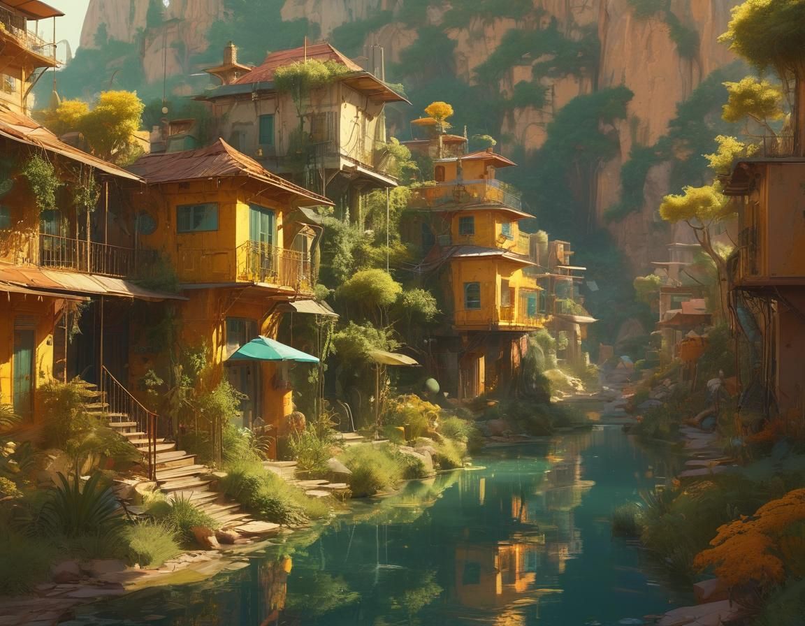 Enchanted Solarpunk Oasis: Overgrown Mining Town