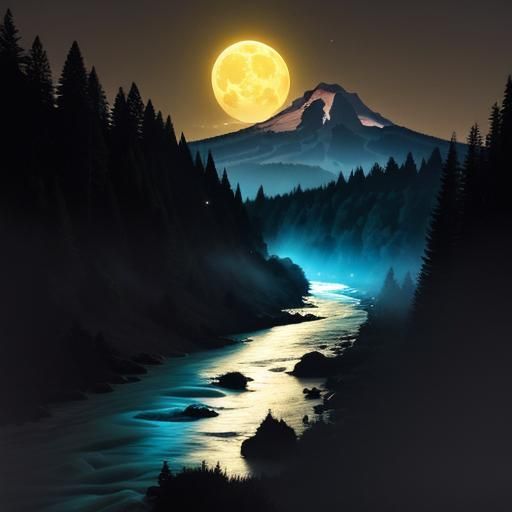 Santiam River Art Deco Moon Over Mt Hood