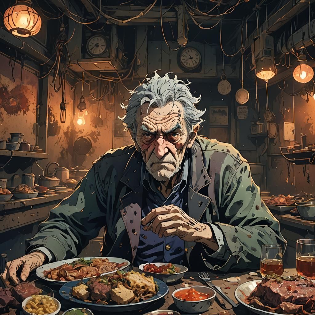 Elderly Man Stares at Decaying Feast, Anime Style