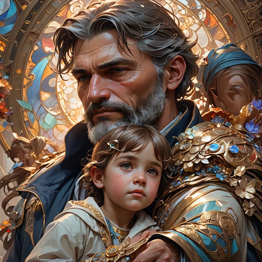 Father and Child Portrait in Art Nouveau Style