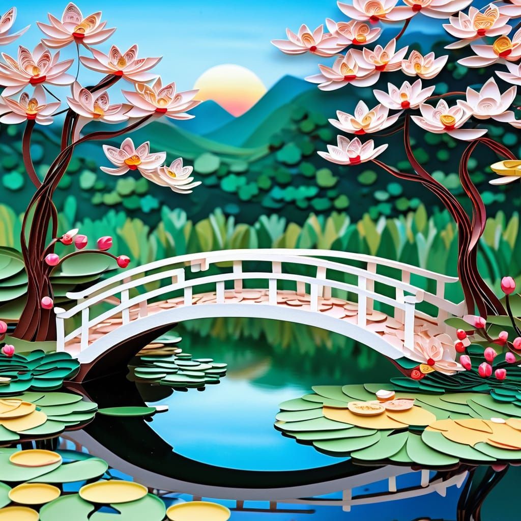 Quilled Paper Bridge Over Waterlily Pond at Sunset