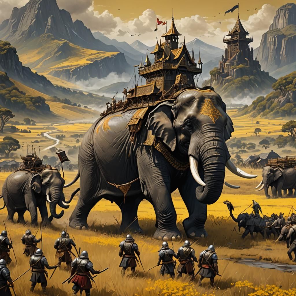 Colossal War Elephant with Tower, Fantasy Art