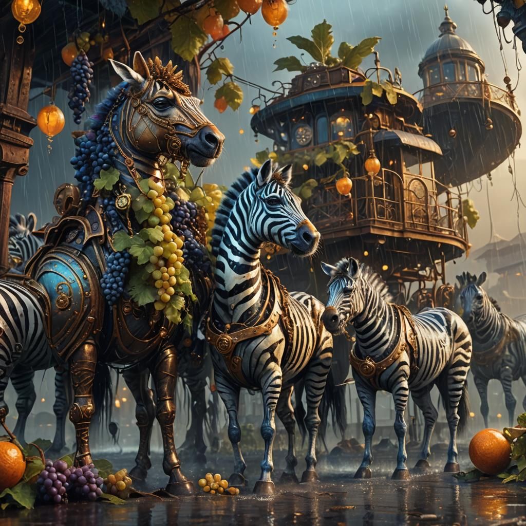 Steampunk Grapes and Zebras in Rainy Fantasy Art