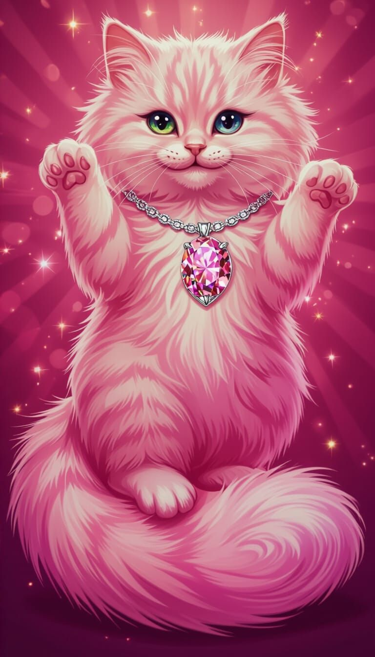 Cotton Candy Cat with Blue Tail and Pink Diamond Necklace
