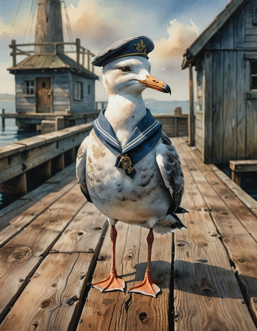 Seagull Sailor on Dock in Watercolor Style