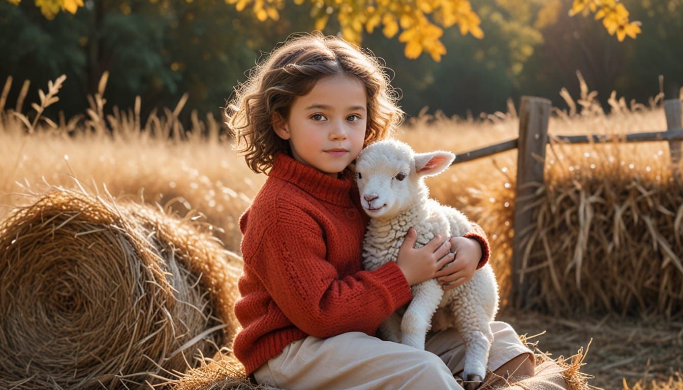 Child Cradles Lamb in Golden Hour Pastoral Scene