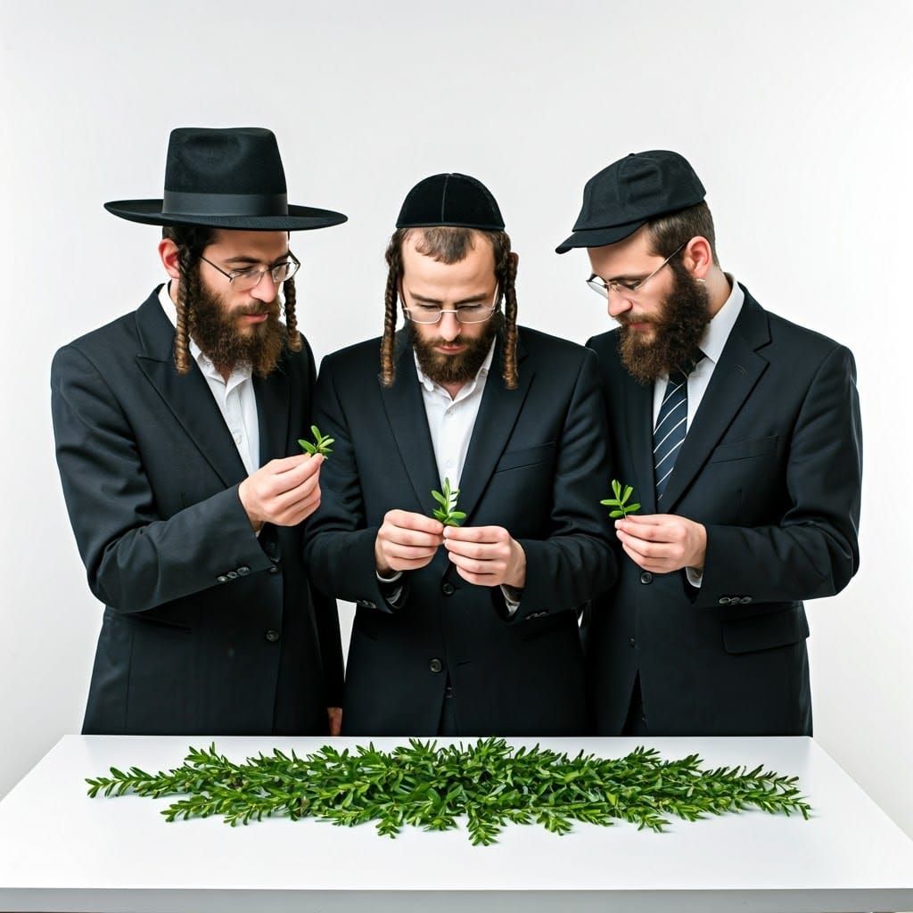 Orthodox Jewish Men Examining Myrtle Leaves