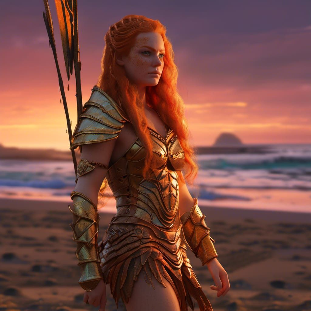 Ginger Amazon Warrior Woman on Sunset Beach