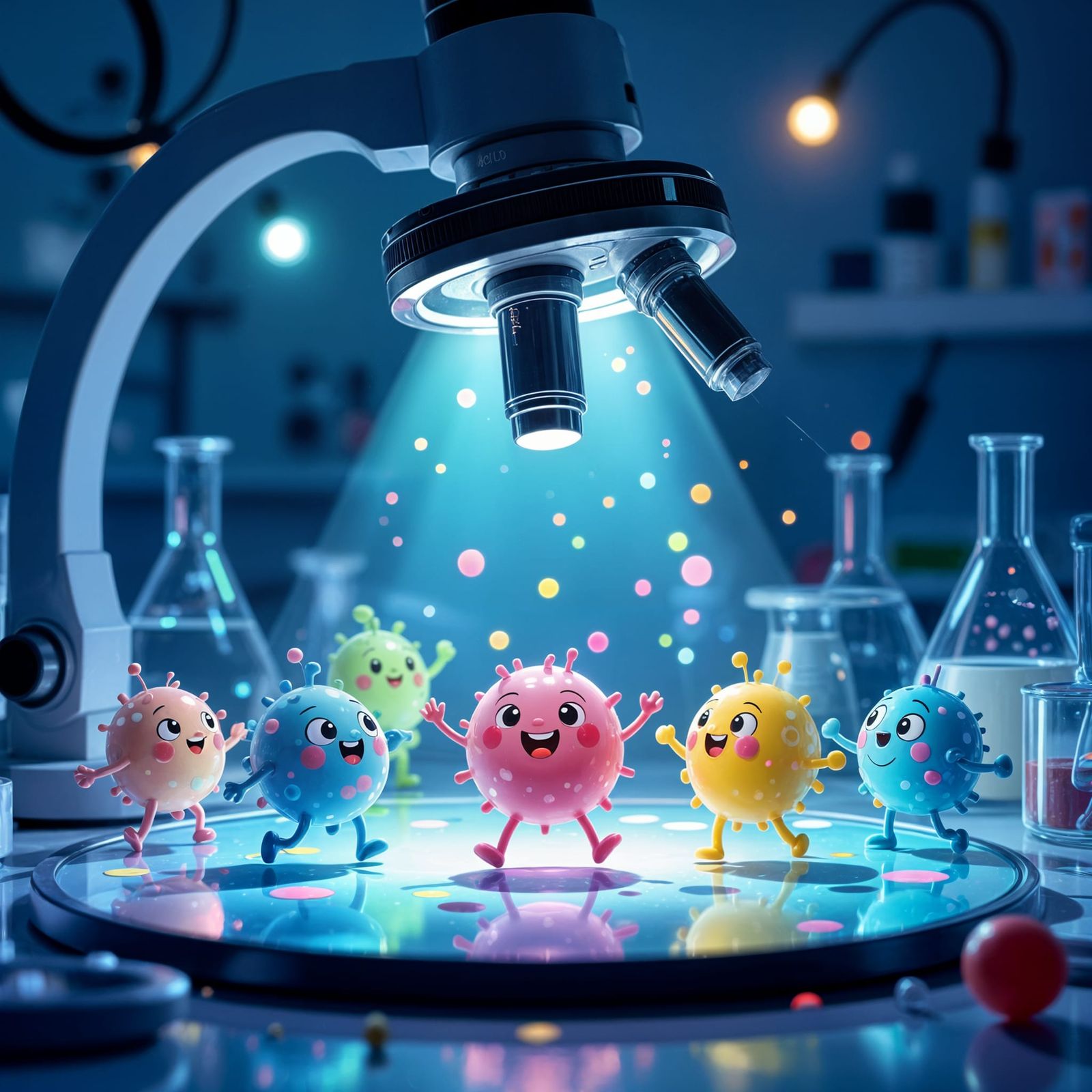 Cartoon Cells Dancing Under Microscope Light