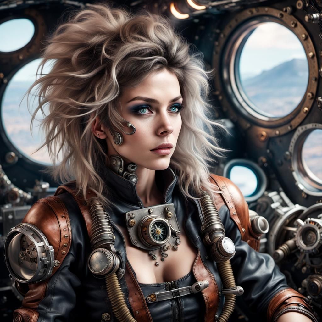 Female Space Pilot in Steampunk Ship Controls