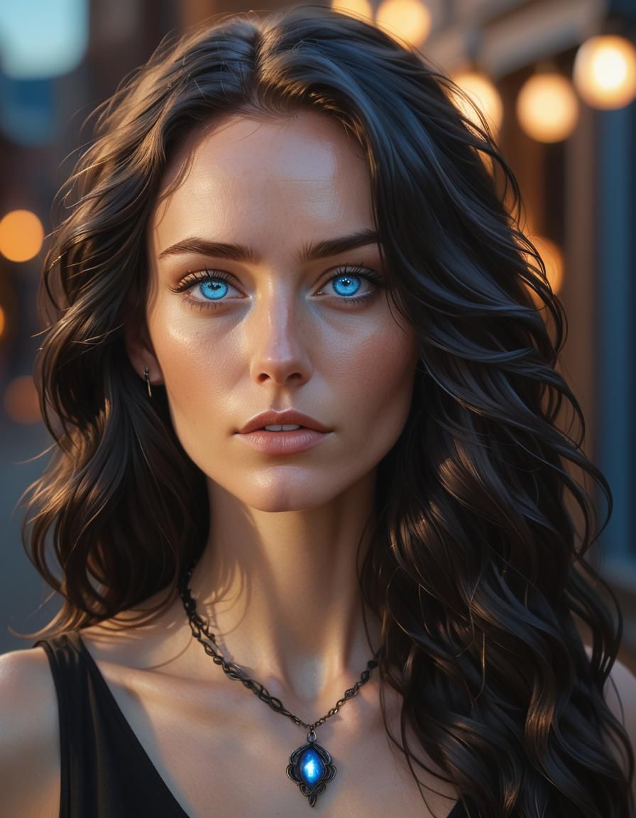 Portrait of a Woman with Dark Hair and Blue Eyes