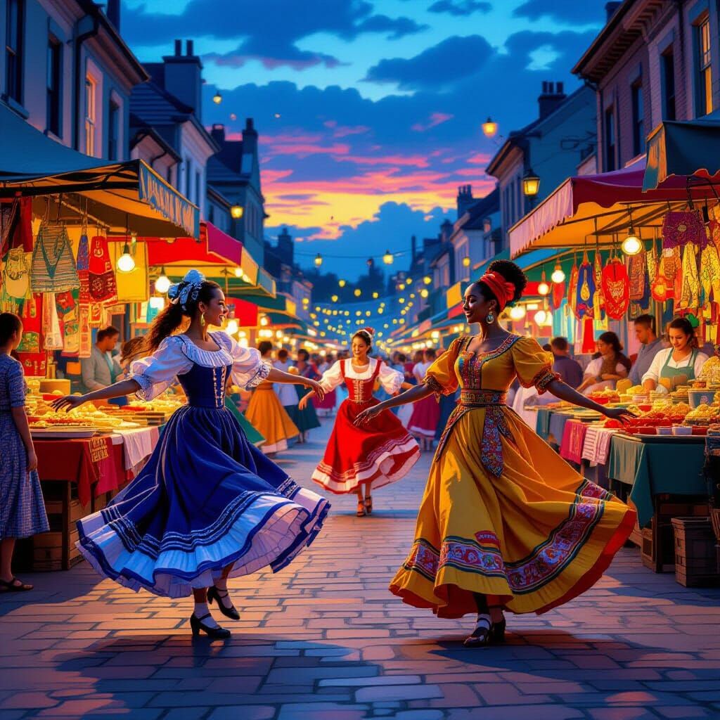 Irish Dancers and Nigerian Woman Celebrate in Vibrant Street...