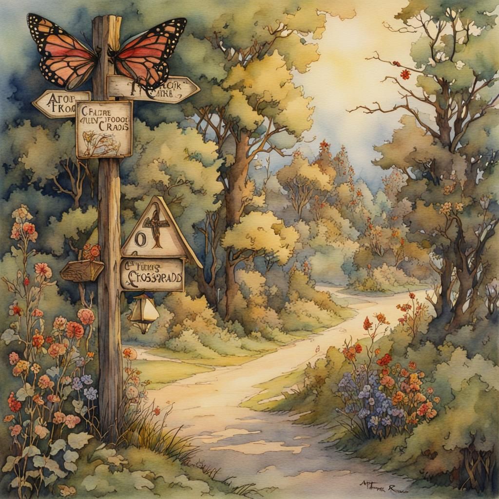 Enchanted Crossroads in Arthur Rackham Style