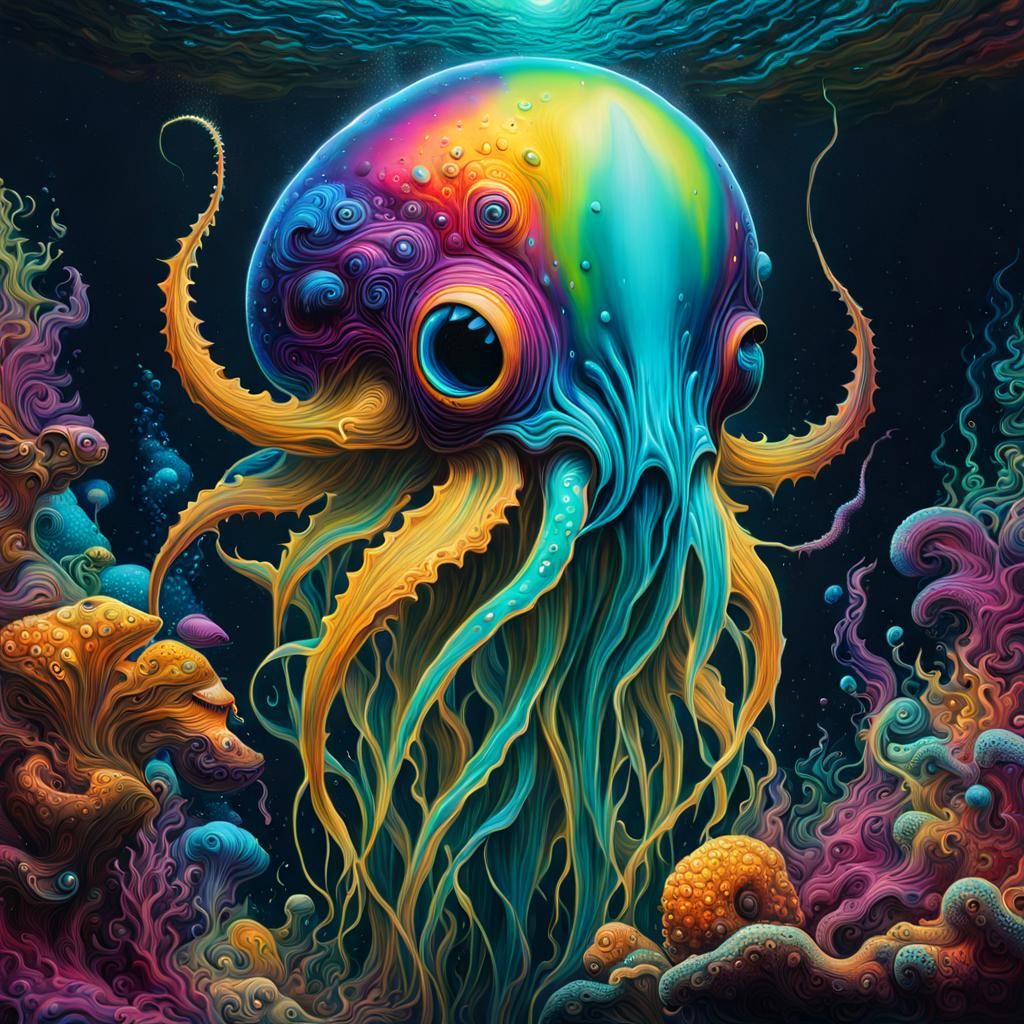 Iridescent Amoebas in Underwater Cosmic Horror Art