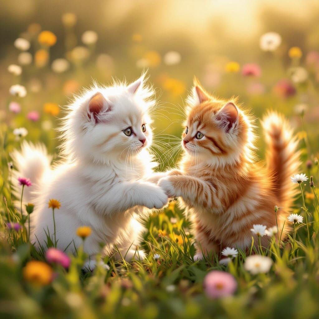Kittens Play in Sunlit Meadow, Painterly Style
