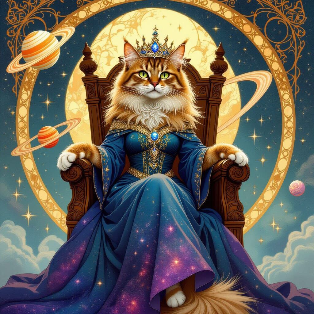 Cosmic Cat Queen on Asteroid Throne, Art Nouveau Style