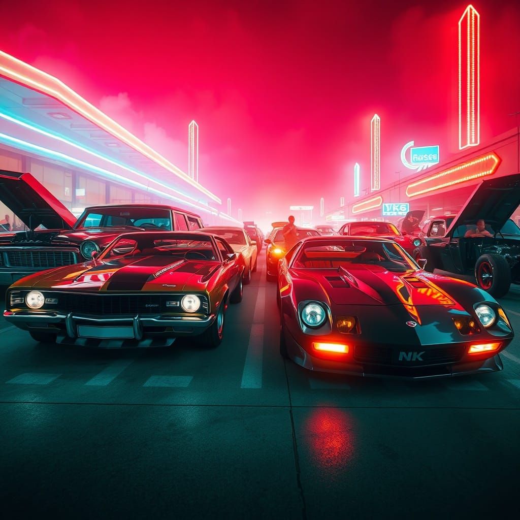 Vintage to Futuristic Muscle Cars Double Exposure