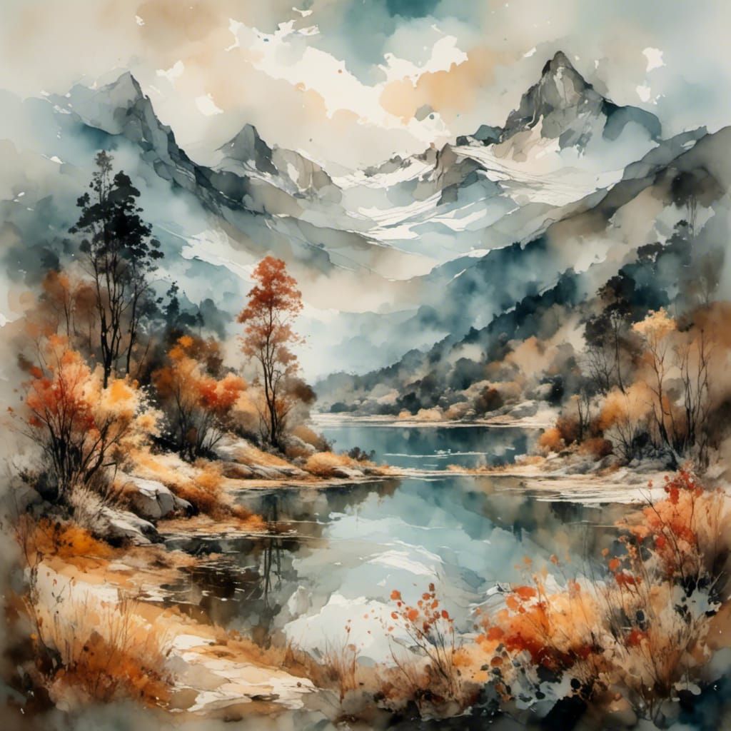 Sakura Tree Watercolor Painting with Mountain Backdrop
