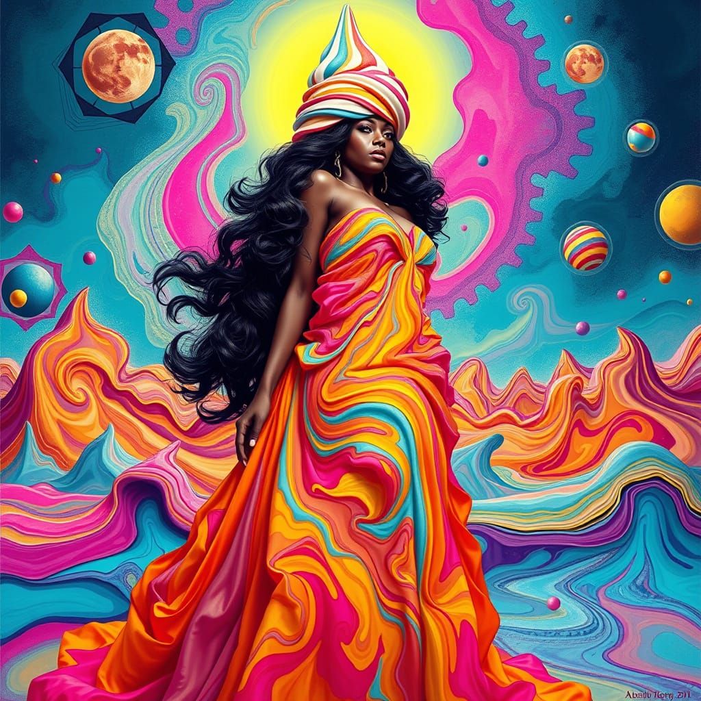 Surreal Ice Cream Woman in Psychedelic Landscape