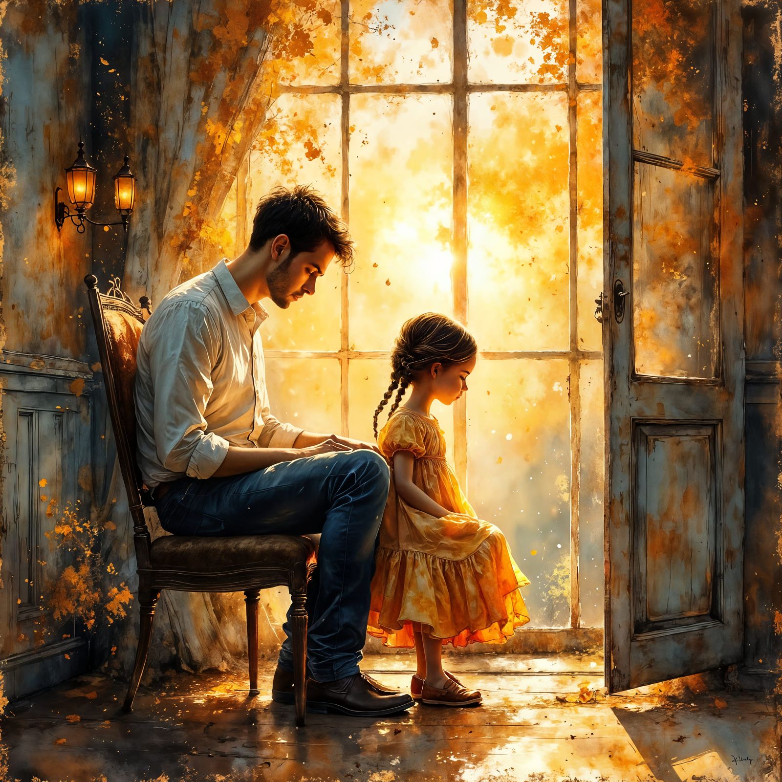 Father Braiding Daughter's Hair at Dawn