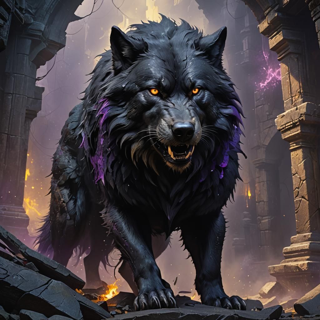 Giant Black Wolf in Dark Fantasy Ruins