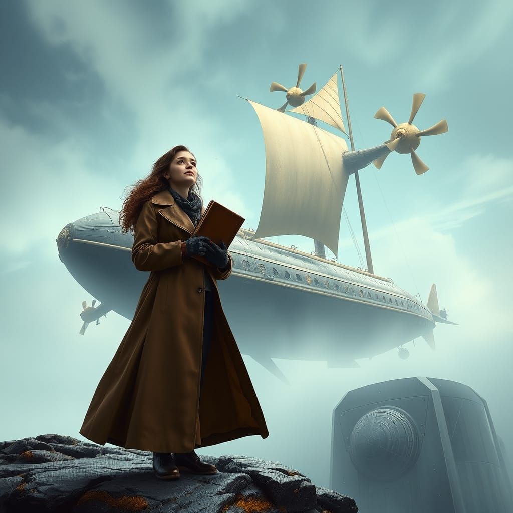 Woman Gazes Skyward with Book, Retrofuturistic Sci-Fi Art